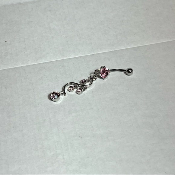Silver Pink Gem Dangle Belly Ring - Picture 2 of 2